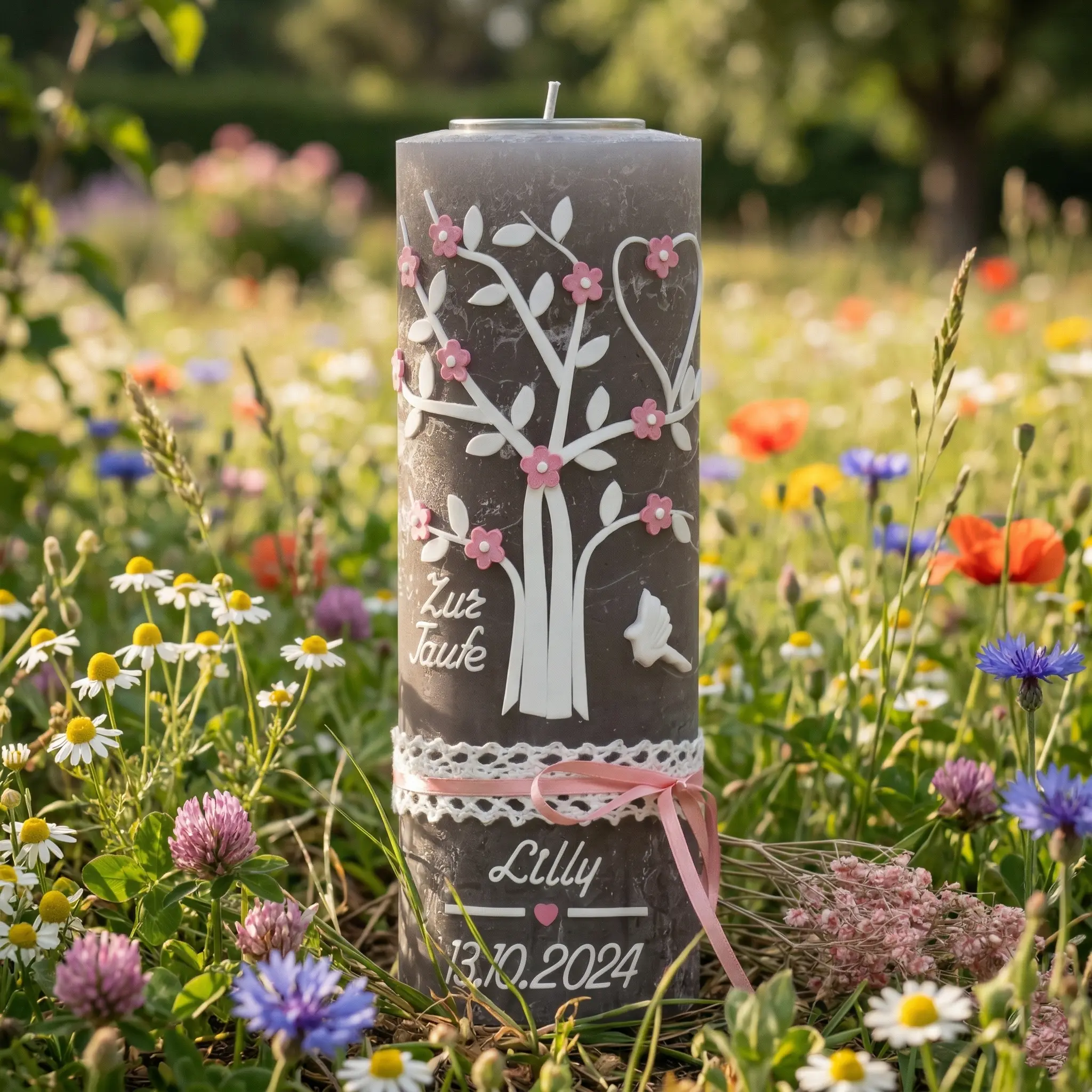 Taufkerze Lebensbaum Mädchen rosa weiß rustikal handverziert