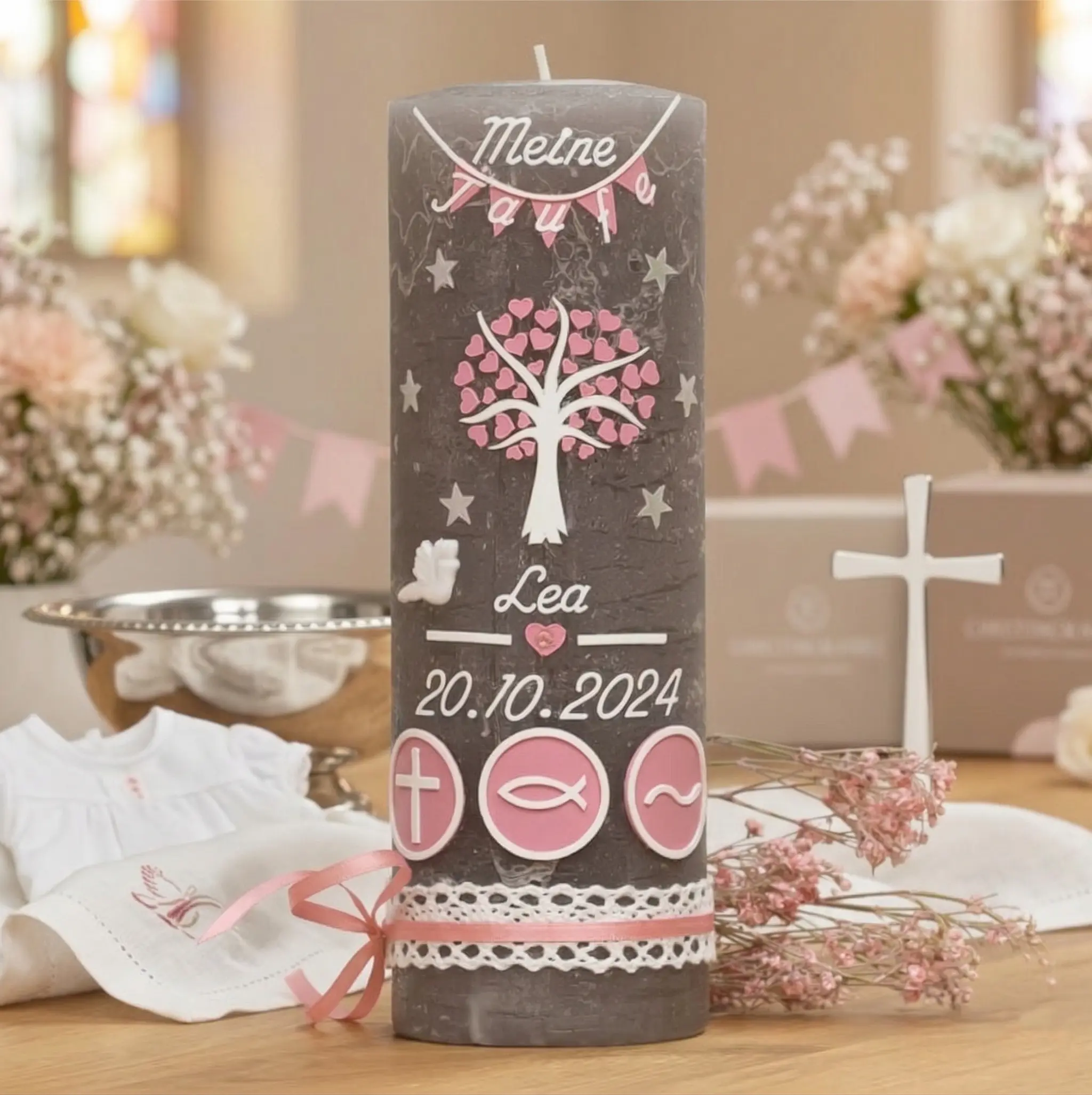 Taufkerze Lebensbaum Vintage Boho rosa rustikal handverziert