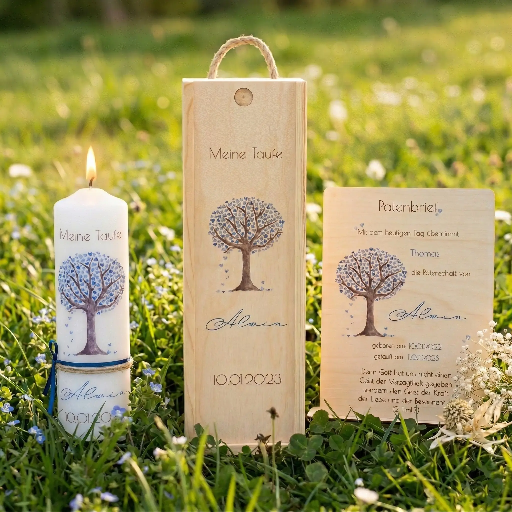 Taufkerzen set Lebensbaum Taufkerze kerzenbox patenbrief 