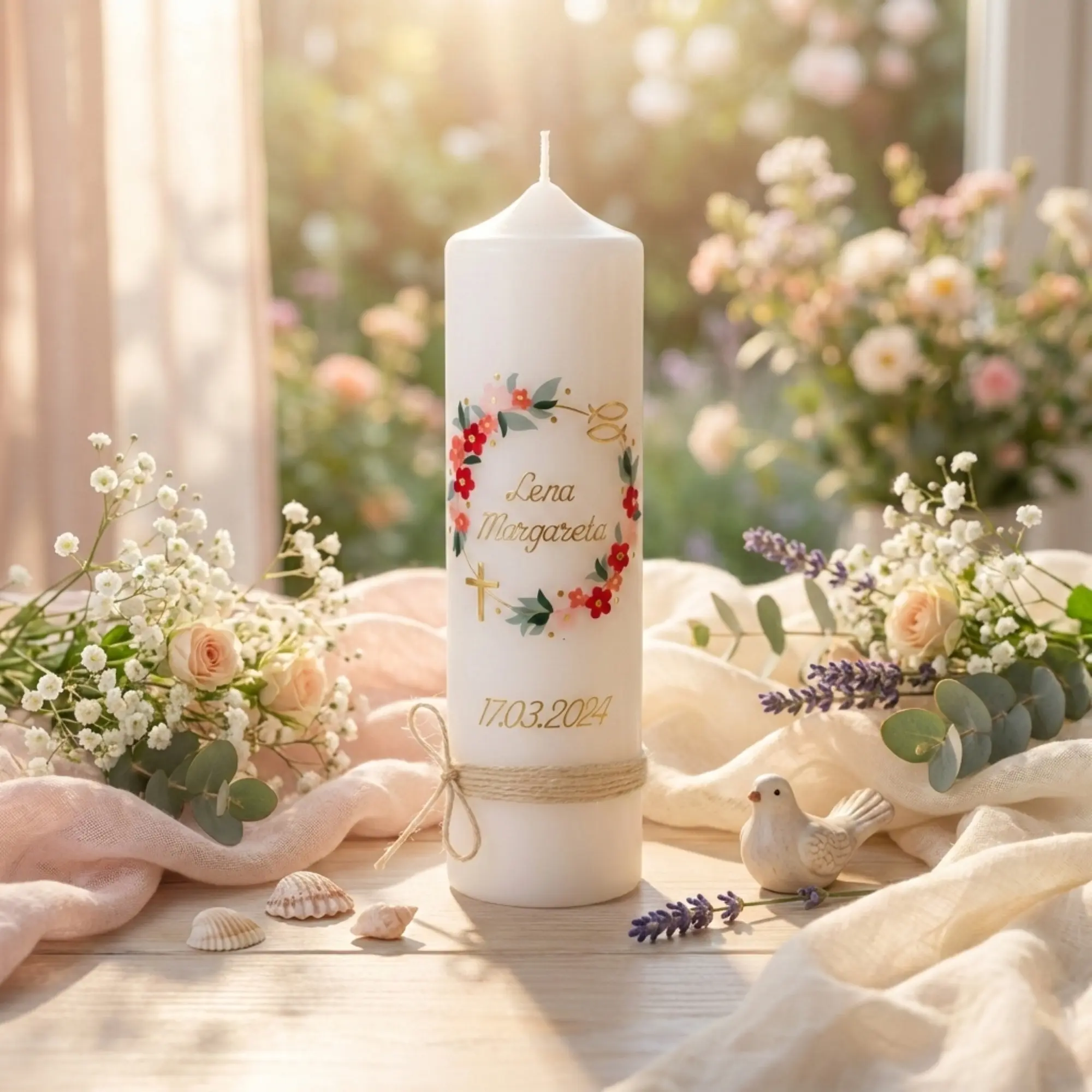 Taufkerze Mädchen floral handverziert mit Blüten und Wachsverzierung