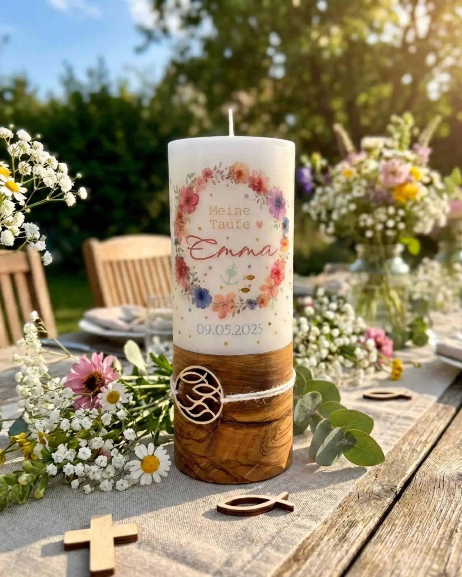 Taufkerze Mädchen modern handverziert mit Holz und floralen Motiven