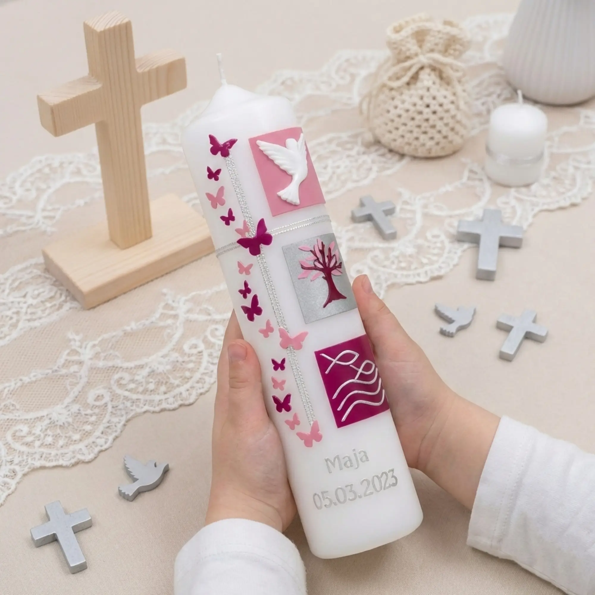 Taufkerze Mädchen Vintage Altrosa handverziert zeitlos elegant