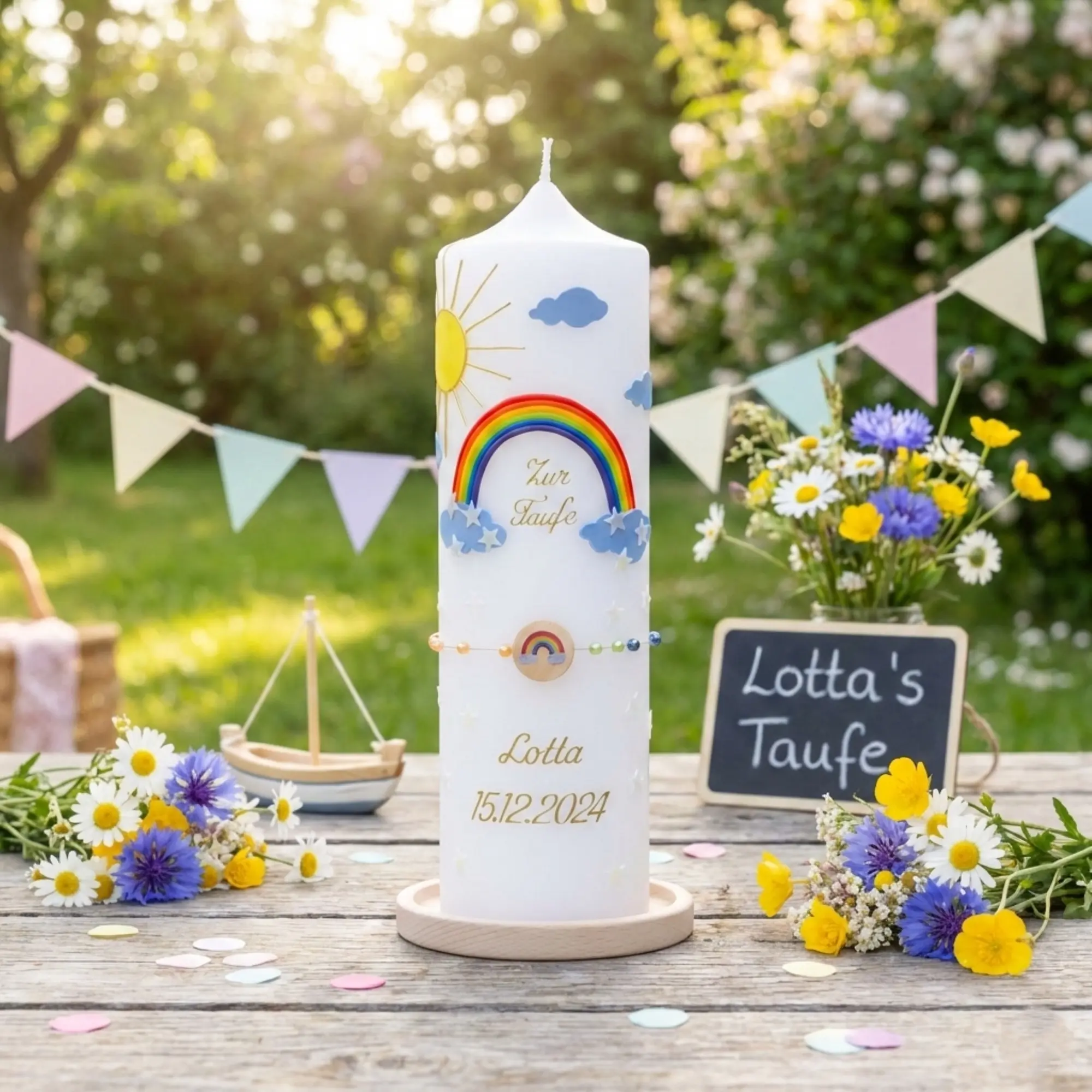 Moderne Taufkerze mit Regenbogen Motiv handverziert