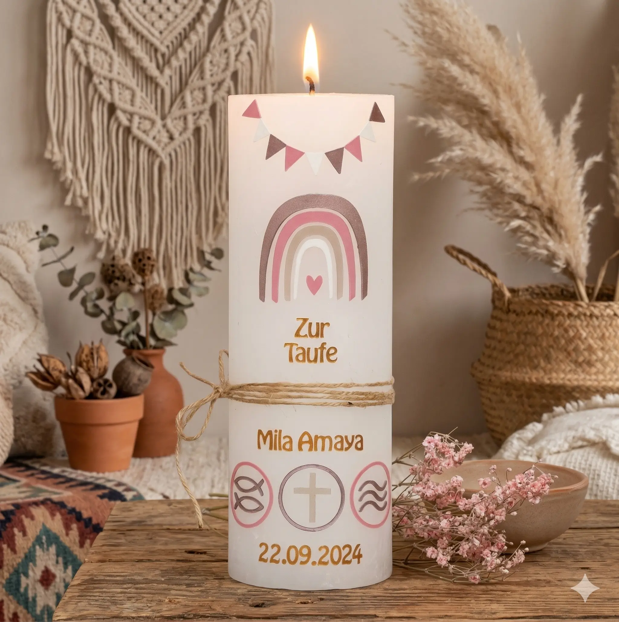 Taufkerze Regenbogen Aquarell Boho Stil Erdtöne handverziert