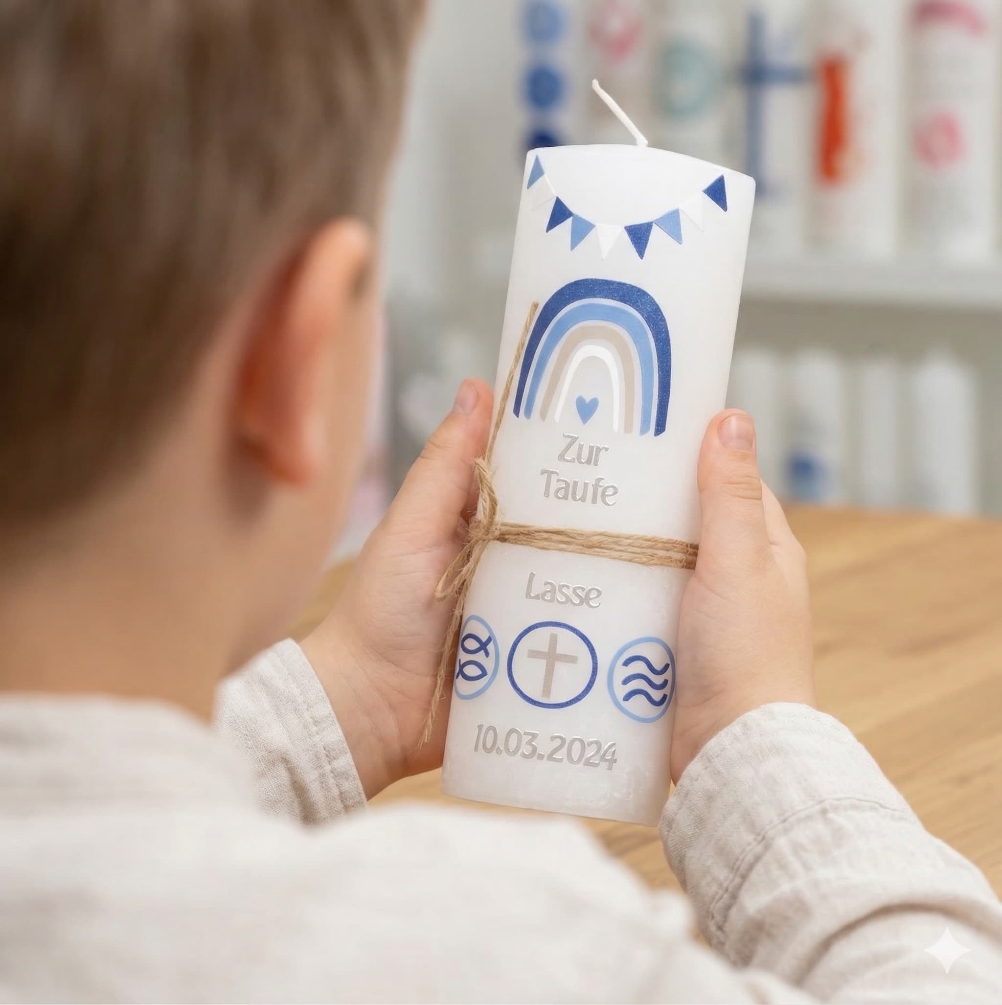 Taufkerze Regenbogen Junge blau grün modern handverziert