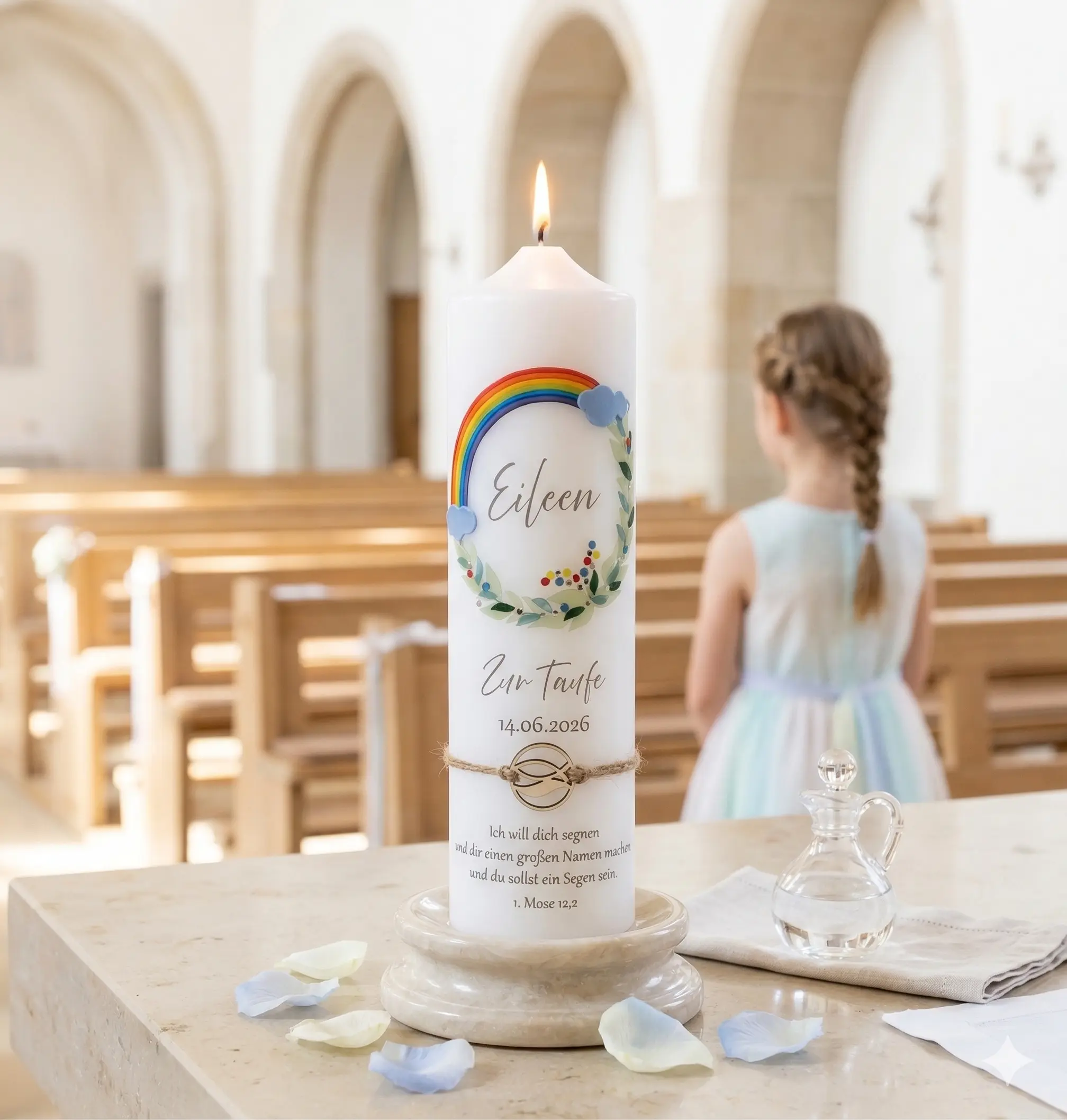 Taufkerze Regenbogen Mädchen pastell rosé gold handverziert
