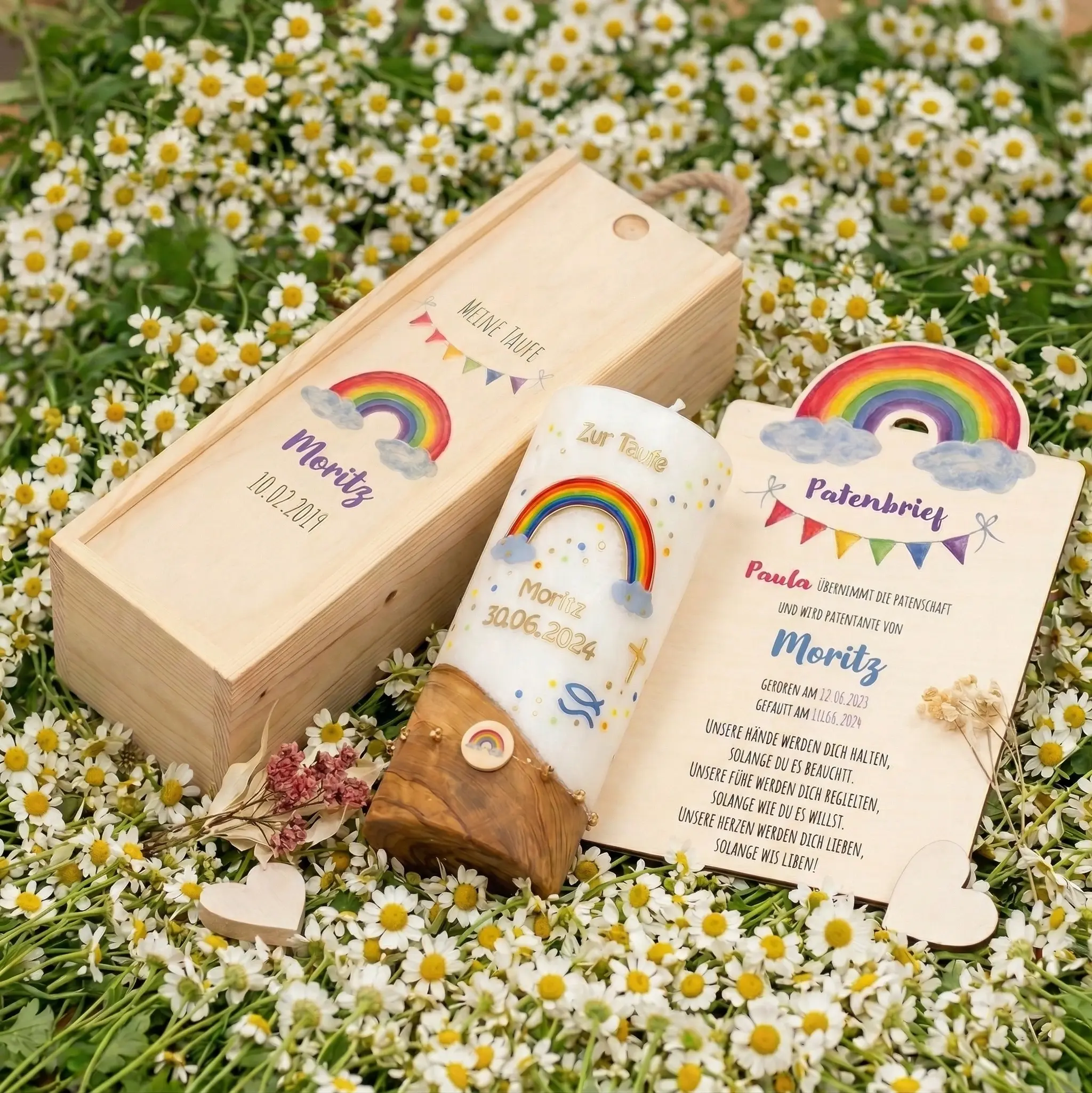 Personalisiertes Taufset Regenbogen mit Taufkerze Kerzenbox und Patenbrief aus Holz