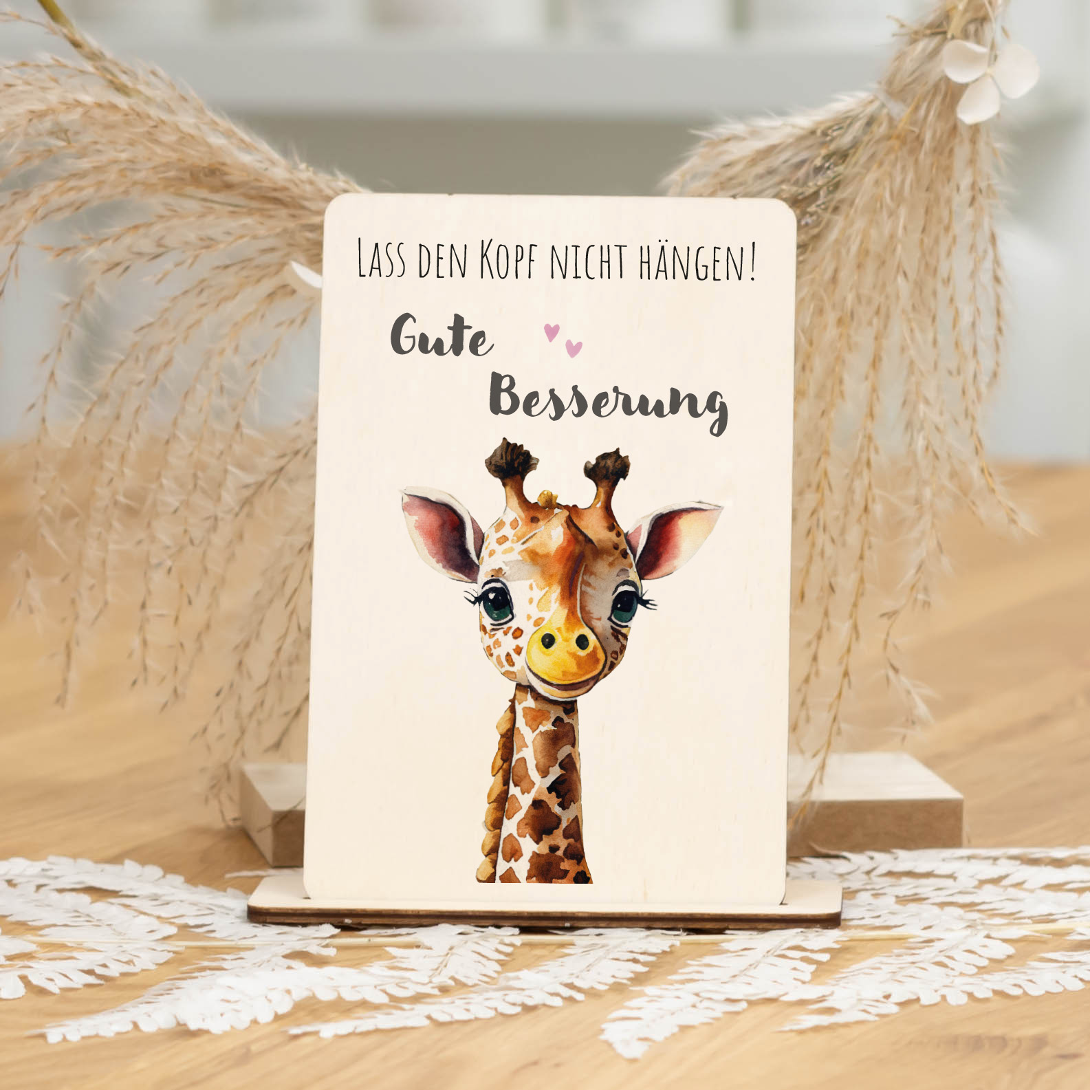 Postkarte aus Holz GIRAFFE mit Spruch und passendem Holzständer