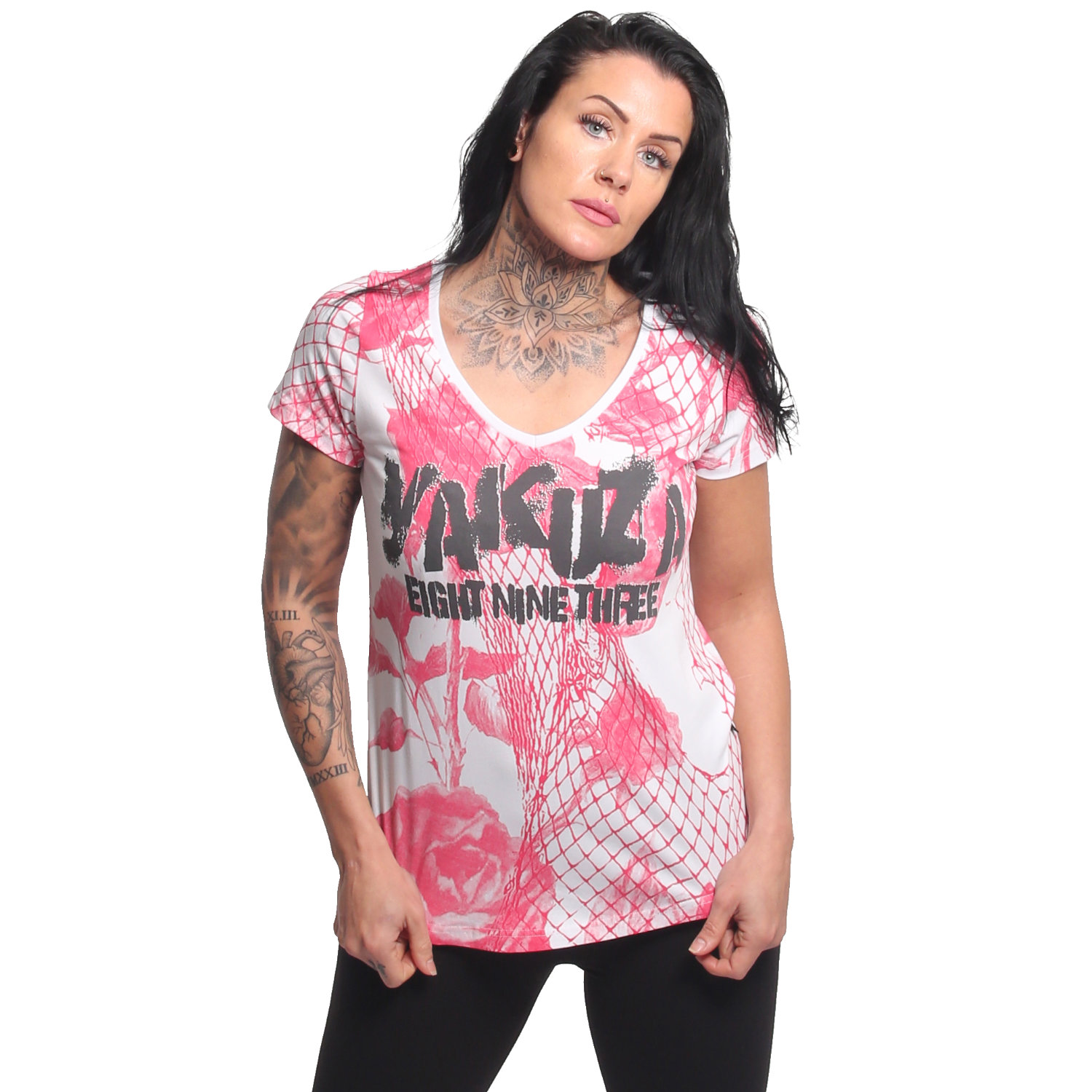 Yakuza dámské tílko Mesh Rose Curved V Neck T-Shirt