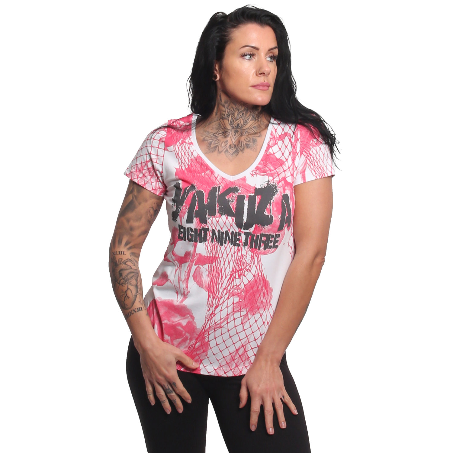 Yakuza dámské tílko Mesh Rose Curved V Neck T-Shirt