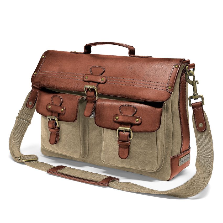 Waxed Canvas Messenger Bag Leather Shoulder Briefcase - Khaki